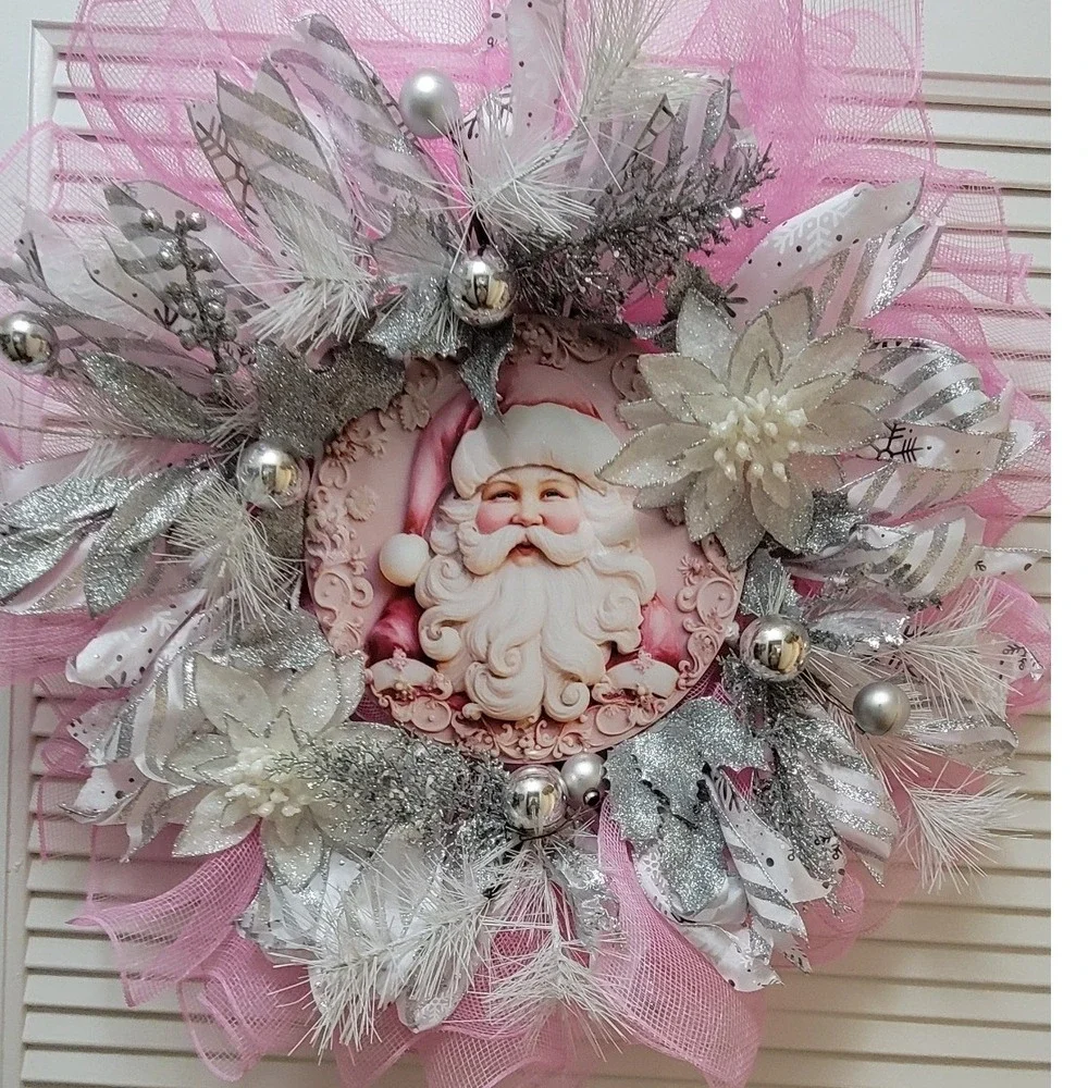 Pink silver Santa sparkle Christmas Wreath  Glitter Deco Mesh Unique Decor 24in